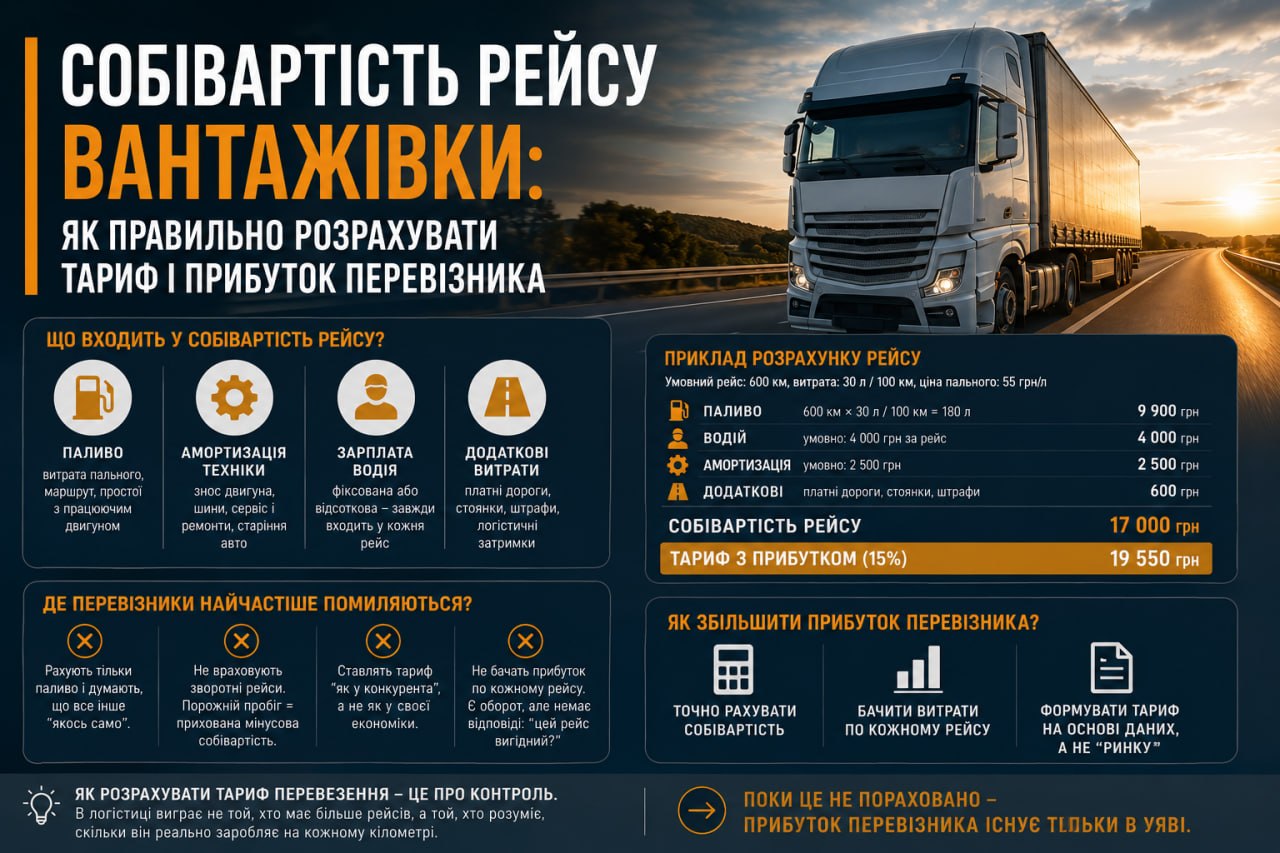 Собівартість рейсу вантажівки: як правильно розрахувати тариф і прибуток перевізника